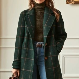 Chic Green Plaid Women's Trench Coat